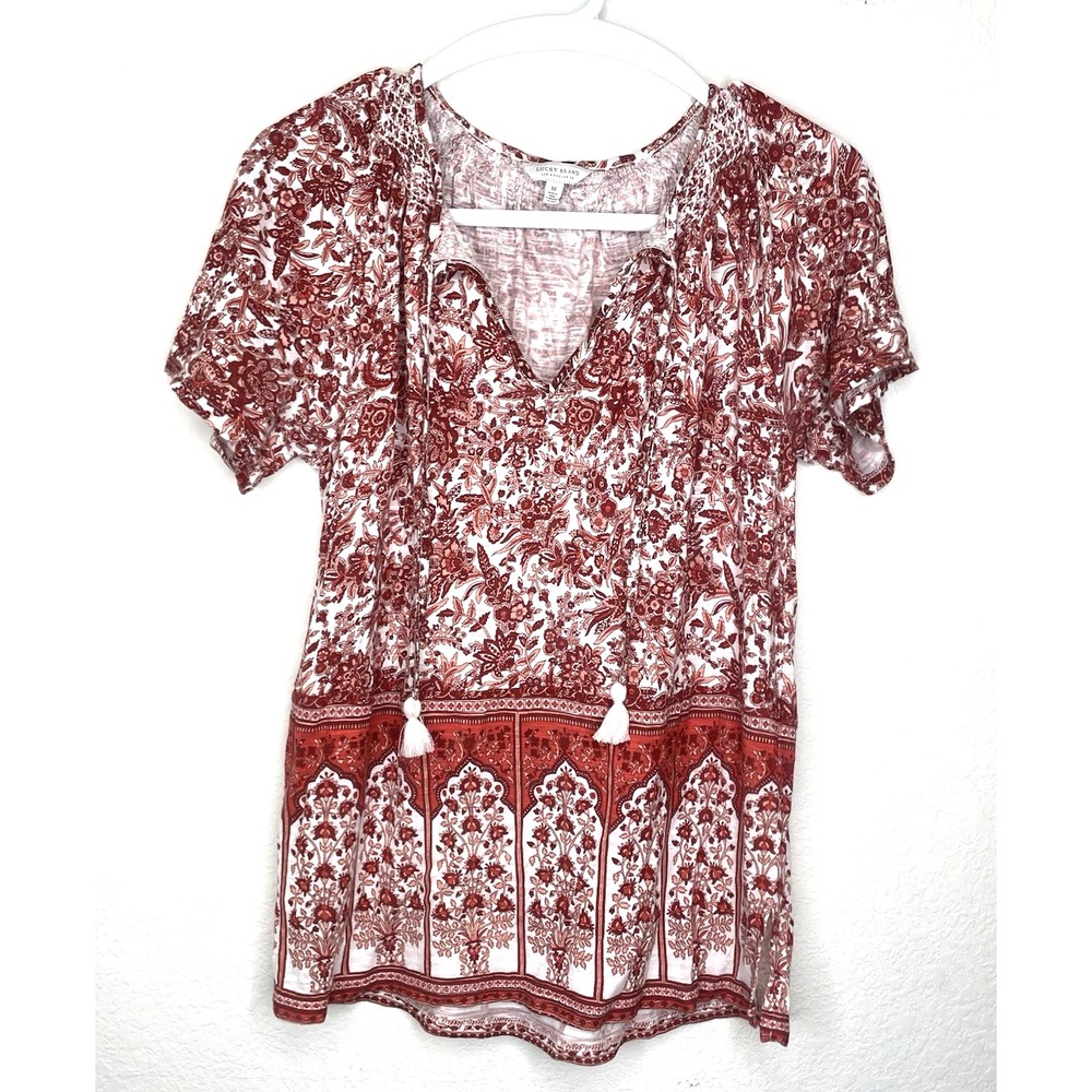 Lucky Brand Peasant Top Womens Medium Red Floral Tassel Boho Smocked Blouse